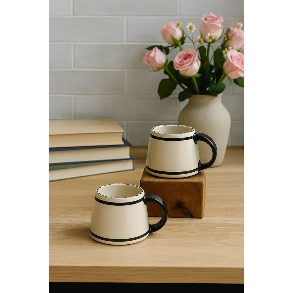 Set Of 2 Retro Studio Pottery Mugs White Black Earthenware Swirl Design Handmade